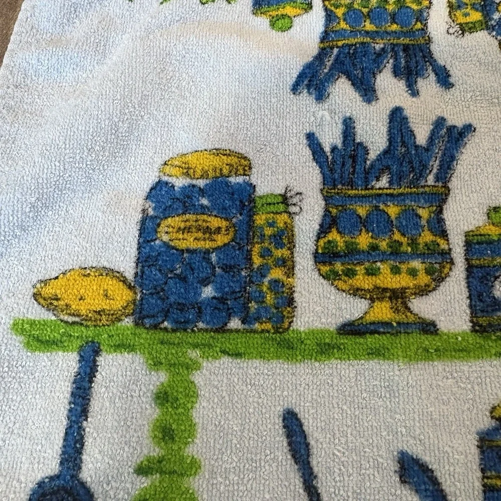 Vtg MCM Kitchen Teal Blue Terry Hand Towel Kitsch 70s Retro Groovy